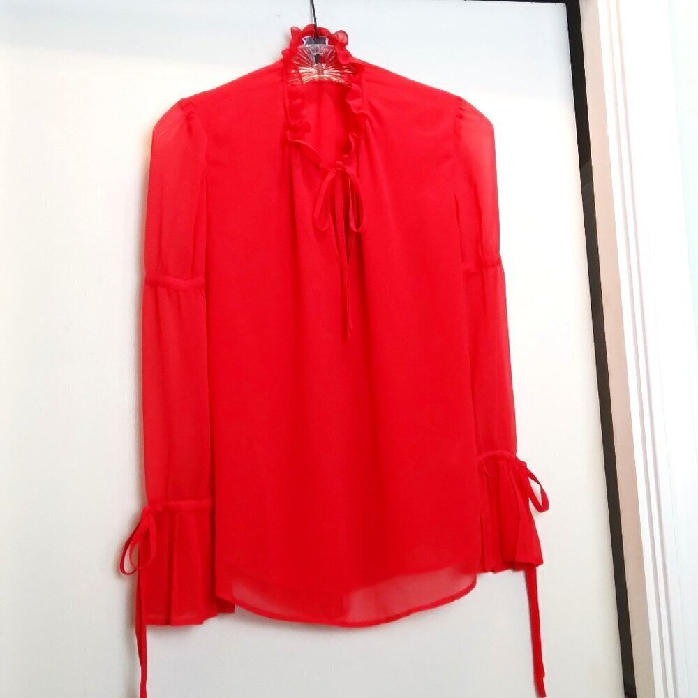 Romantic Red Ruffled Collar Long Sleeve Banded Pleated Cuff Flowy TunicTop SzS